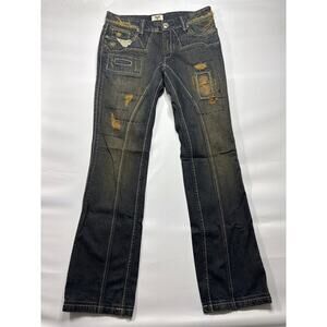 Antik Denim Men's Embroidered Bootcut Distressed Patch Denim Jeans 31 (34x35.5)